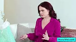 Petite busty blonde teen masseuse performs wet nuru massage on horny client