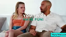 Petite busty blonde teen masseuse performs wet nuru massage on horny client