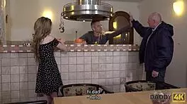 Skinny peach chats russian with bf's dad, leading to hardcore fuck