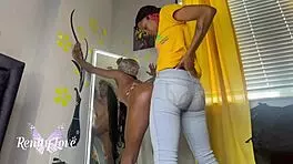 stud homie casually dicking down petite baddie with oiled strapon.