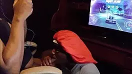 Playing Need for Speed while getting a huge blowjob until she swallows every drop