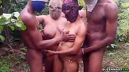 In the outdoors, skinny teens ride cocks in group sex, creampieing wet pussies