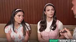 Young brunettes seek special therapy for hardcore group fucking with big cocks