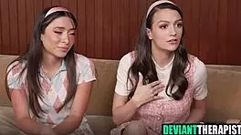 Young brunettes seek special therapy for hardcore group fucking with big cocks