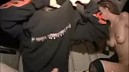 Two Brunettes In Fishnets Flash Tits During Car Ride