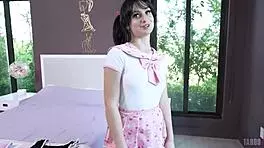 Breeding young woman gives fashion show before school