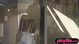 Petite ebony beauty flaunts chocolaty naked body and bubble butt