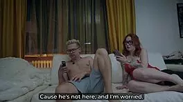 Redhead milf shares couch for massage ending in facial