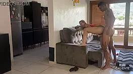 Wow, Husband Is In The Kitchen While She Fucks The Friend In The Room!