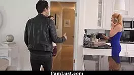 Sucking my biker boyfriends cock under the dining table in front of stepmom