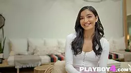 Petite brunette teen enjoys relaxing solo time after striptease