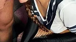 Redhead teen in naughty cosplay gets rough fuck, cum on pantyhose