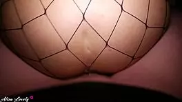 Horny slut in fishnet nylon needs fucking in creamy pussy after deep wet blowjob - amateur couple POV