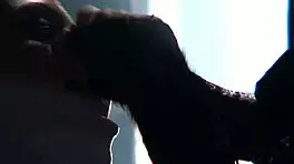 She fiercely tugs his tie, flashing her shaved pussy upskirt.