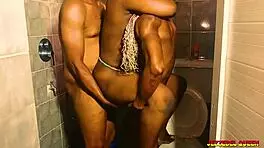 hardcore interracial threesome in bathroom with ebony