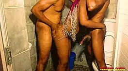 hardcore interracial threesome in bathroom with ebony