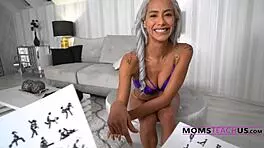 Petite platinum blonde teaches Kama Sutra crash course in POV dirty talk