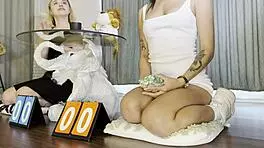 Two Hot Horny Girls Challenge Big Cock Guy With Dice Double Handjob