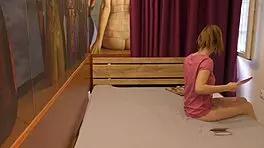 Hot petite 18+ tight shaved pussy alice in the room with only a tshirt and shoes to flash pussy and her naked ass