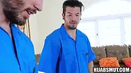 Teen girl in hijab takes rough group fucking from two guys