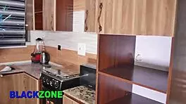 curvy ebony babe fingered in kitchen by lover close-up