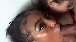 Two hot chicks, Coral and Latina babe Mayami Rodriguez, back for throat fuck and sloppy deepthroat with friend 😏