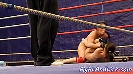 Busty European babes engage in naked wrestling match with fingering and licking 😍