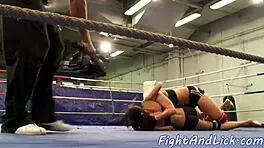 Busty European babes engage in naked wrestling match with fingering and licking 😍