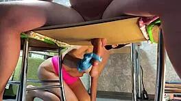 Domina freely uses muscular guy's huge cock with passionate handjob 😈