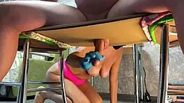 Domina freely uses muscular guy's huge cock with passionate handjob 😈