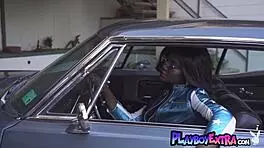 Ebony teen 18+ victoria antoinette revealing her dark pussy at the backseat