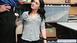 in the stripsearchporn scene, a petite teen thief seduces the store officer during a thorough search involving blowjob and doggystyle.