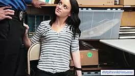 in the stripsearchporn scene, a petite teen thief seduces the store officer during a thorough search involving blowjob and doggystyle.