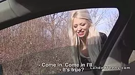 Red-Lipped Blonde Sucks in Car
