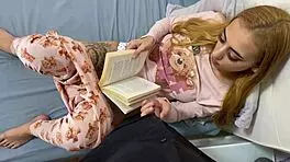 Petite girl playfully massages guy's large member