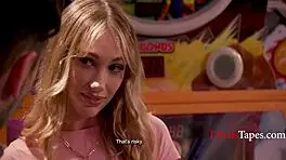 Blonde teen gets fucked outdoors while pac-man watches