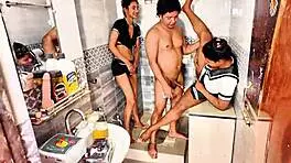 gorgeous teen endures rough threesome pounding by two studs