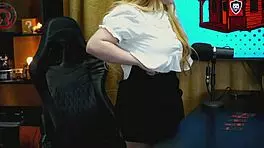 blonde bends over podcast table as tiny panties reveal her soaked pussy