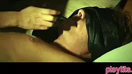 blindfolded brunette pornstar gives sloppy blowjob in sex motel room