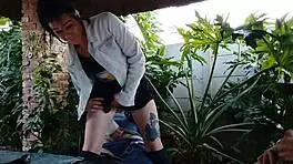 muscular stud watches skinny babe finger herself with fruit