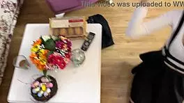 innocent tanned petite babe bends over for creampie doggystyle