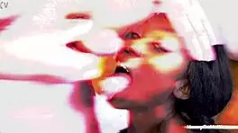 Oiled ebony babe slurps thick cum after deepthroat interracial blowjob