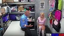 Young blonde shoplifter gets clothes ripped off for rough pussy fucking