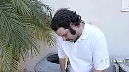 architect pounds brunette on public lawn for neighbors' eyes