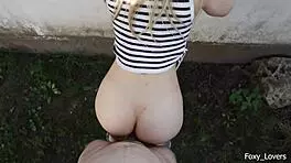 girlfriend in shorts gets sprayed then wild outdoor big cock fuck