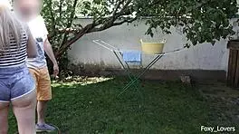 girlfriend in shorts gets sprayed then wild outdoor big cock fuck