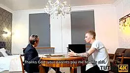 tutor4k short-haired teacher takes dynamic poses in heated session