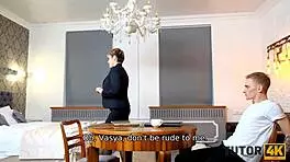 tutor4k short-haired teacher takes dynamic poses in heated session