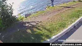 beach coed with glasses takes hard casual cumshot fuck