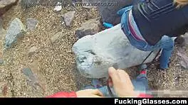 beach coed with glasses takes hard casual cumshot fuck